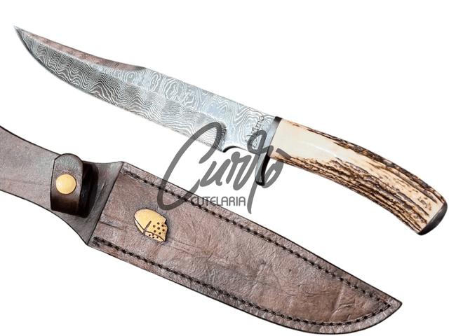 Faca Bowie Caça Elmo Edição Aço Damasco Cervo 58 Hrc 7 Pol