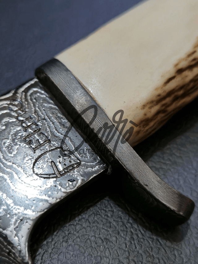Faca Bowie Caça Elmo Edição Aço Damasco Cervo 58 Hrc 7 Pol
