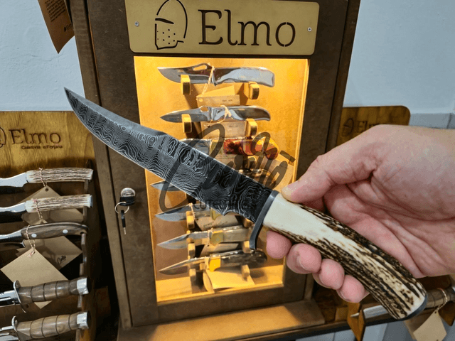 Faca Bowie Caça Elmo Edição Aço Damasco Cervo 58 Hrc 7 Pol