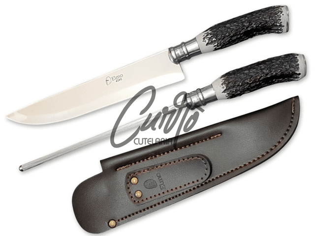 Conjunto Churrasco Faca Chaira Elmo Cabo Resina Tipo Cervo 9&quot;