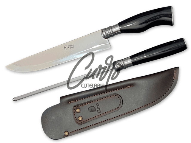 Conjunto Churrasco Faca Chaira Elmo Cabo Resina Tipo Chifre 9&quot;