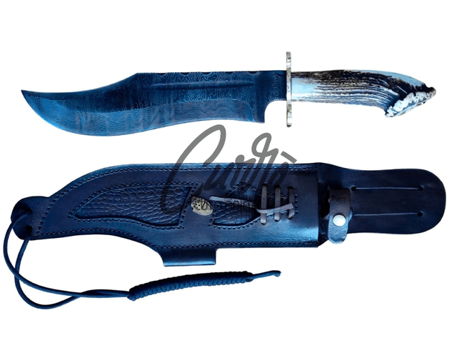 Faca Bowie Javalizeira Elmo Aço Damasco Cervo Edição Exclusiva 10"