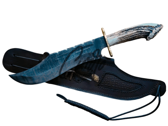 Faca Bowie Javalizeira Elmo Aço Damasco Cervo Edição Exclusiva 10"