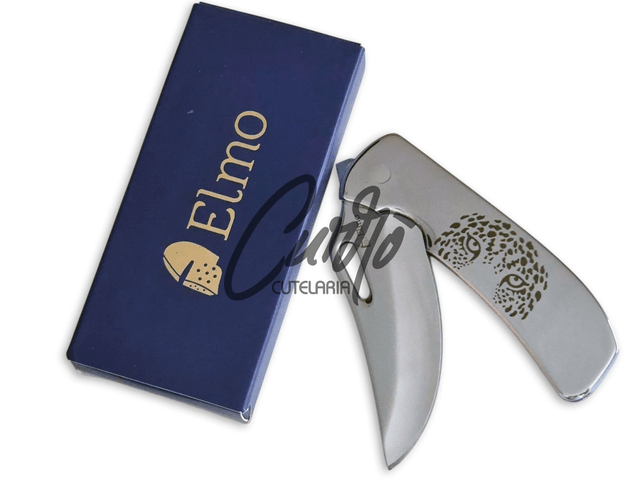 Canivete Monobloco Original Elmo Gravação Onça-pintada com Clipe de Bolso Aço Inox 420hc