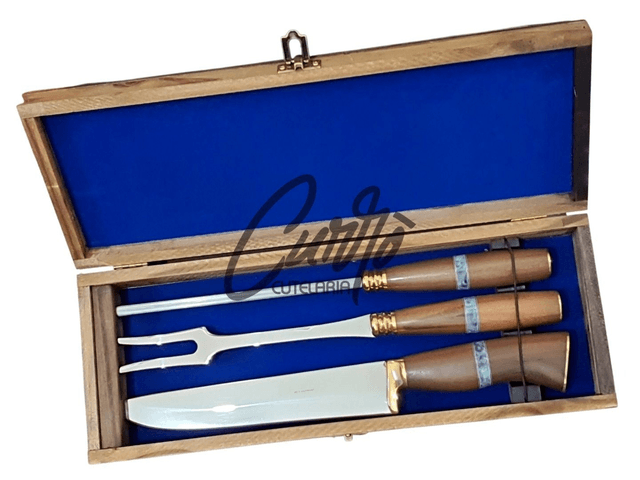 Conjunto Churrasco Elmo Faca Garfo Chaira Caixa Amadeirada 8"