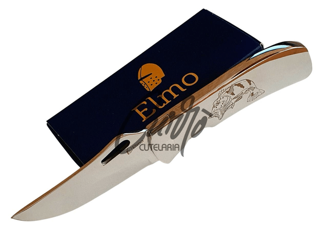 Canivete Monobloco Original Elmo Gravação Tucunaré com Clipe de Bolso Aço Inox 420hc