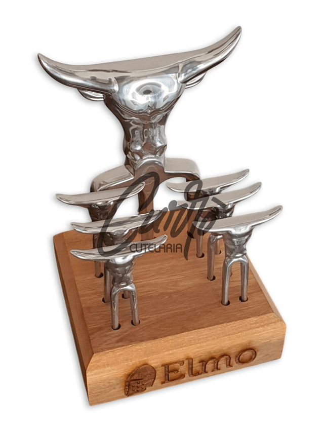 Kit De Petiscos Tridente Touro Elmo 7 Peças + Base Madeira