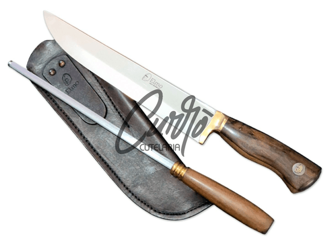 Conjunto Churrasco Faca Chaira Elmo Inox Cabo Madeira 10 Pol