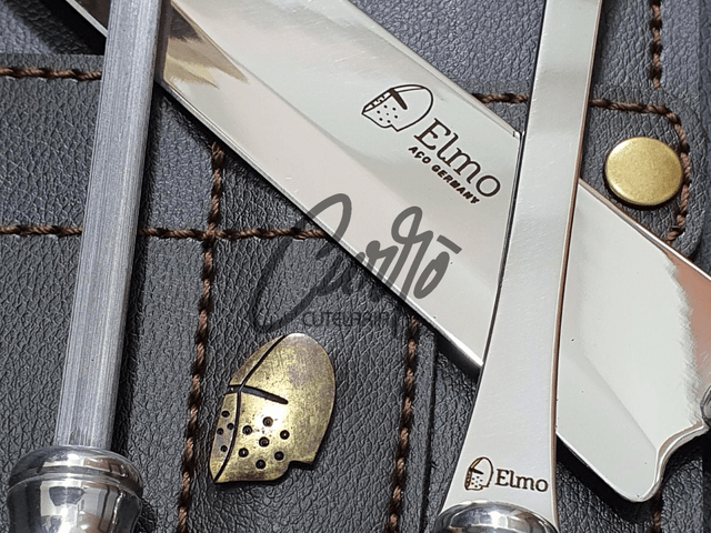 Conjunto Faca Chaira Garfo Elmo Cabo Resina Tipo Osso Chifre 8"